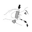 Schematic drawing showing a hand pressing a medical device against the skin with black arrows indicating the direction of pressure