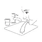 Line drawing of a person drinking from a glass with a straw next to a cylindrical container on a table