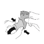 Two hands holding and rotating a medical container with black arrows indicating rotational movement for the