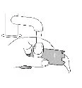 Technical drawing showing a hand holding and operating a medical device with a flexible tube and a dark terminal part