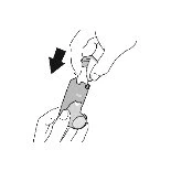 Two hands holding a cylindrical medical device while a black arrow indicates downward pressing motion