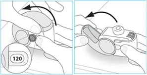 Two drawings show hands rotating a medical device counterclockwise with black arrows and a detail showing the number 120