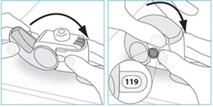 Two illustrations show hands rotating and pressing a white medical device with a curved black arrow and the number 119 in a circle