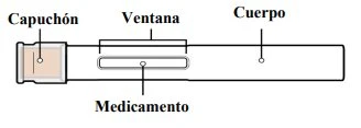 Diagramma tecnico di una siringa con etichette che indicano il cappuccio, la finestra, il corpo e il farmaco al suo interno