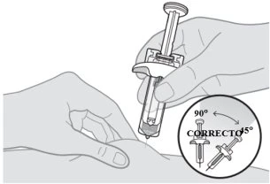Technical drawing showing a hand holding a syringe ready for