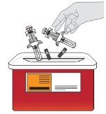 A hand disposes of two used syringes into