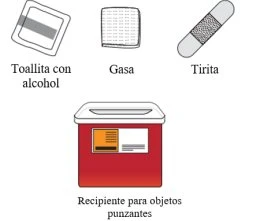 Illustration of an alcohol wipe, a gauze pad, a bandage, and a red sharps container