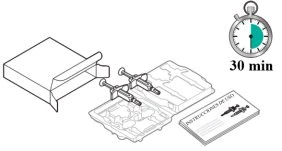 Technical drawing of an open box containing two syringes in a blister pack, a leaflet, and a timer indicating 30 minutes