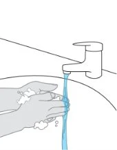 Line drawing of hands being washed under a water stream