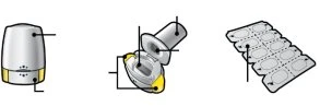 Three technical diagrams showing a cylindrical medical device, its opening mechanism with yellow components, and a rectangular pill blister pack