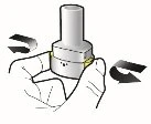 Two hands hold a white cylindrical medical device with black arrows indicating a horizontal rotating movement