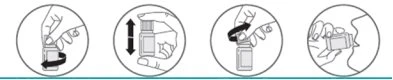 Quattro diagrammi circolari mostrano come rimuovere il tappo, agitare il flacone, ruotare l'erogatore e assumere il farmaco attraverso la bocca