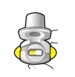 Stylized drawing of a white medical device with yellow components and a central window showing an internal vial