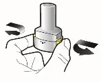 Two hands hold a white cylindrical medical device with black arrows indicating clockwise and counterclockwise rotation