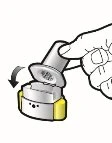 A hand lifts and rotates the protective cap of a white and yellow cylindrical medical device, indicated by a curved arrow