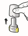 A hand lifts a white cap off a cylindrical medical device with a yellow base, indicated by a black arrow pointing upward