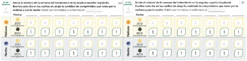 Daily monitoring table for treatment with 200 and 800 microgram doses divided between morning and night, with empty boxes to record tablets taken