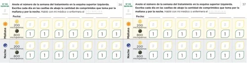 Daily monitoring table with rows for doses of 200 and 800 micrograms divided between morning and night, with boxes to mark doses taken