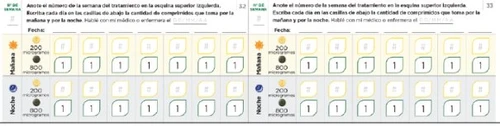 Tabella di monitoraggio medico con righe per mattina e sera e colonne per i giorni della settimana con caselle per annotare i dosaggi in microgrammi