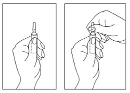 Disegno tecnico che mostra due mani che impugnano una fiala medica per aprirla e prepararla all'uso