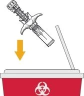 Medical device with arrow-shaped tip being inserted vertically into a red container for disposal of hazardous biological waste