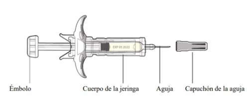 Diagram of a syringe with labels indicating the parts