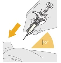 A hand holding a syringe with the needle directed toward the skin, with a yellow arrow indicating the injection direction
