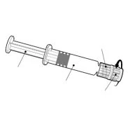 Technical drawing of a syringe with dashed lines pointing to the plunger, the cylindrical barrel, and the tip