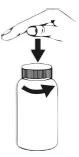 A hand presses the thumb on the cap of a bottle with a downward arrow and a curved arrow indicating rotation of the container