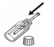 Technical drawing of a glass vial with a needle inserted into the stopper and a cap removed located at the base of the container