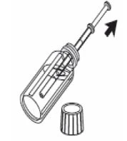 Technical drawing of a tilted glass vial with a needle inserted and a separate screw cap below, with a black arrow pointing towards it