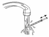 Black and white drawing of an open tap with water flowing and a syringe, with a double-headed arrow indicating lateral movement