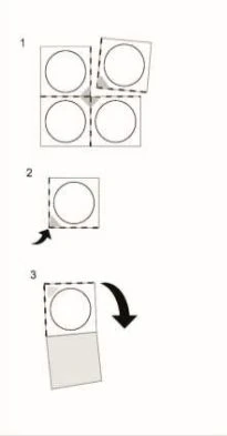 Diagramma in tre passaggi che mostra come separare i quadrati con cerchi, rimuoverne uno e infine ruotare l'altro