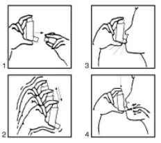 Diagramma a quattro passaggi che mostra come impugnare, premere e inalare il farmaco mediante un contenitore spray rivolto verso la bocca