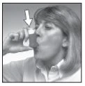 Profile of a woman holding a small container close to her mouth to take medication, with a white arrow indicating the direction of use