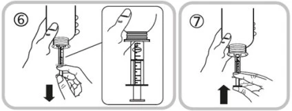 Disegno tecnico in tre passaggi che mostra mani che manovrano una siringa per aspirare o iniettare liquido da un flacone medico