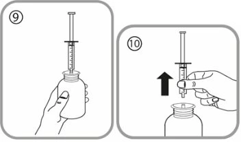 Diagramma numerato 9 che mostra una mano che tiene un flaconcino mentre una siringa viene inserita e 10 che mostra la siringa estratta verso l'alto
