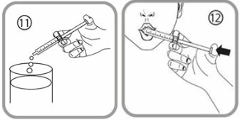 Due illustrazioni numerate 11 e 12 che mostrano una mano che usa una siringa per far cadere gocce in un bicchiere e una che la inserisce in bocca