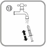 Disegno tecnico con il numero 13 che mostra un rubinetto aperto con acqua che cade in una siringa mossa verticalmente da una doppia freccia