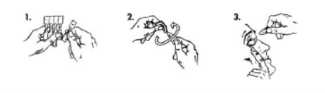 Three sequential drawings show hands preparing a medical device, opening it, and gripping it for use