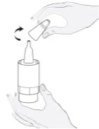 A hand turns a capsule-shaped cap to the left to unscrew or open a cylindrical container held by the