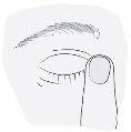 Line drawing of an eye with a hand holding a finger gently placed on the upper eyelid to keep it open