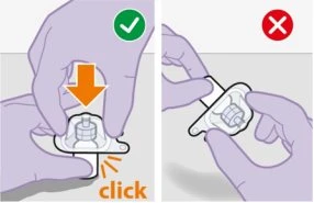 Two illustrations showing hands with gloves handling a medical device, a green checkmark on the left and a red cross on the right