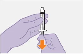 Two purple hands holding a syringe with dark liquid and an orange arrow pointing downward indicating downward pressure movement