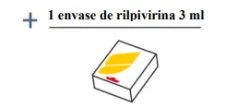 Plus symbol and mathematical sign above the text '1 vial of rilpivirine 3 ml' and a perspective drawing of a white box with a yellow detail