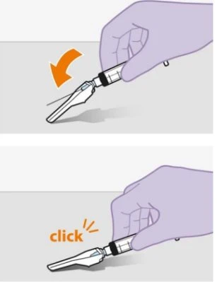Two-step medical illustration showing a hand tilting an injection device downward and then pressing it with a click sound