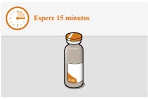 Clock icon indicating 15 minutes next to the text 'Wait 15 minutes' above a 3 ml medicine vial