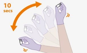 Sequence of gloved hands rotating a vial over a 10-second arc indicated by a curved orange arrow