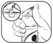 Technical drawing showing a hand holding a medical device with a circular magnification detailing the