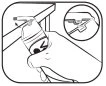 A hand holding a spray bottle tilted toward a surface with a circular magnification showing the detail of the